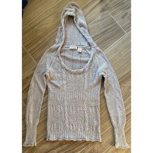 DKNY Jeans Pointelle Cable Hooded Sweater S Open Knit Rolled Neck Hem Y2K Long